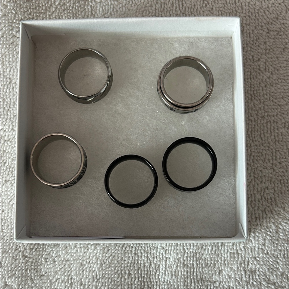 Set of Six Stainless Steel and Black Rings